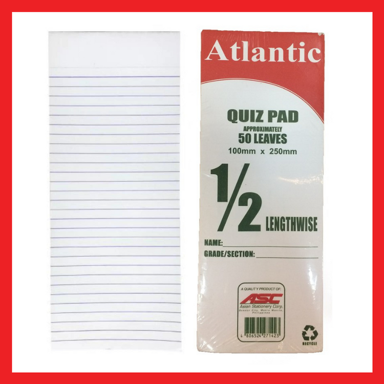 Atlantic Quiz Pad Paper | 1/2 Lengthwise | 50 Leaves | Pad Paper | COD