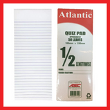 Atlantic Quiz Pad Paper | 1/2 Lengthwise | 50 Leaves | Pad Paper | COD