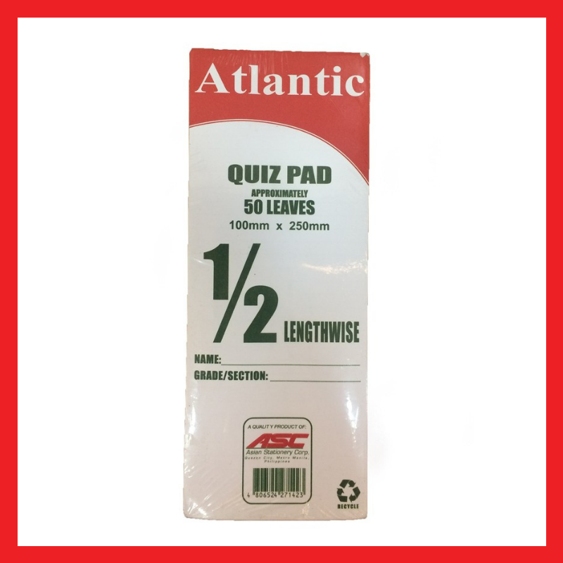 Atlantic Quiz Pad Paper | 1/2 Lengthwise | 50 Leaves | Pad Paper | COD